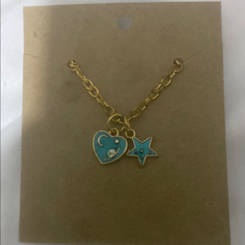 Gold Chain Necklace with Blue Heart and Star Charms